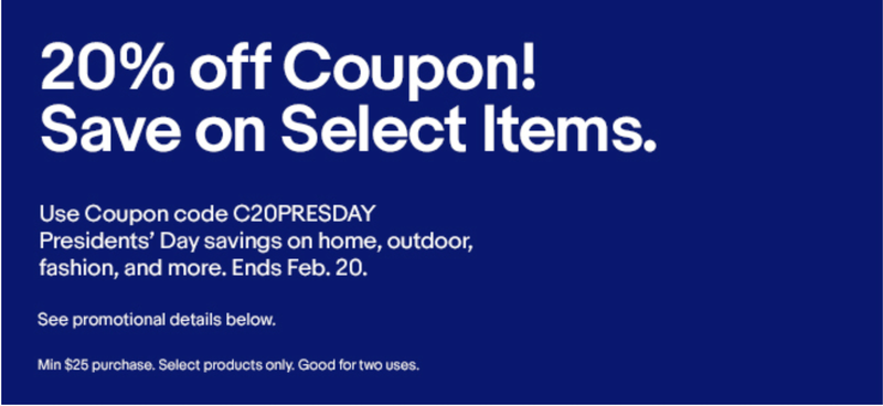 20% off select sellers, promo code C20PRESDAY